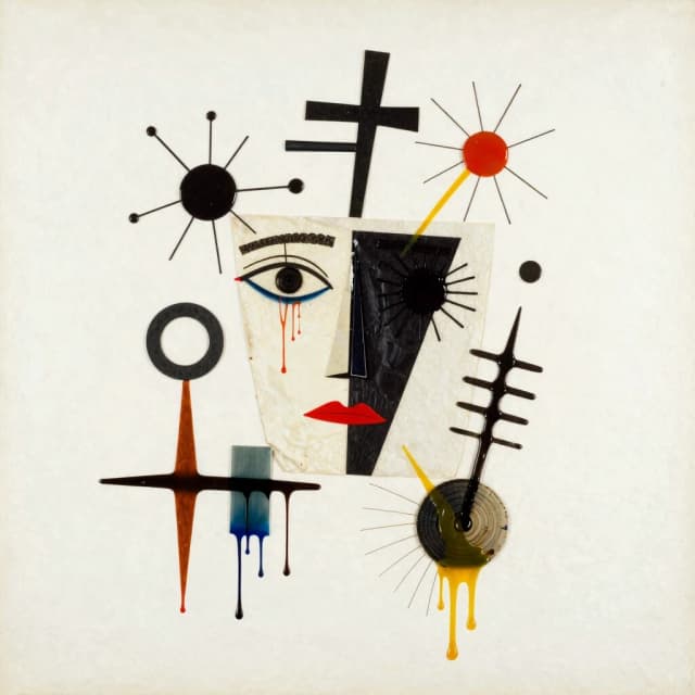 A cryptic, ethereal Dadaist collage from the 1950s is a minimalist, homemade endeavor replete with arcane and impenetrable components. The artwork is smeared with grease, embodying an avant-garde, abstract aesthetic and a pervasive sense of unease. It is devoid of any written inscriptions.