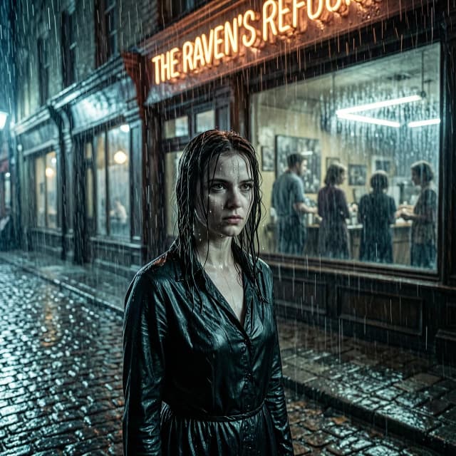 Cinematic mid-distance shot, 8k resolution, heavy film grain, dark fantasy noir aesthetic. A young woman stands motionless across a rain-slicked, uneven cobblestone street from a dimly lit, atmospheric bar named “The Raven’s Refuge.” She is completely soaked, her dark garments clinging to her skin, shoulders tense with unspoken tension, yet her gaze remains unwavering, piercing, and emotionally charged. Through the condensation-covered, grime-streaked glass of the bar window, soft-focus silhouettes of people move within, representing the family she both loves and fears, rendered in a dreamy, ethereal blur. A flickering, weathered neon sign above the entrance hums with electrical instability, casting rhythmic, pulsing waves of amber and warm crimson light that clash violently against the deep, moody indigo and teal shadows of the heavy downpour. The atmosphere is thick with volumetric haze, swirling street mist, and sharp, crystalline rain streaks that catch the light like falling diamonds. High contrast, dramatic chiaroscuro lighting with deep blacks and brilliant highlights; shallow depth of field with exquisite, creamy bokeh from the distant city lights. Hyper-detailed textures: the glistening, reflective wet asphalt, individual droplets cascading off her hair and eyelashes, the weathered grain of the bar's wooden facade, and the tactile roughness of the stone walls. Mood: a profound sense of cinematic suspense, resolve clashing with vulnerability, the breathless, heavy moment of an inevitable choice. Style reminiscent of Blade Runner and The Night Circus