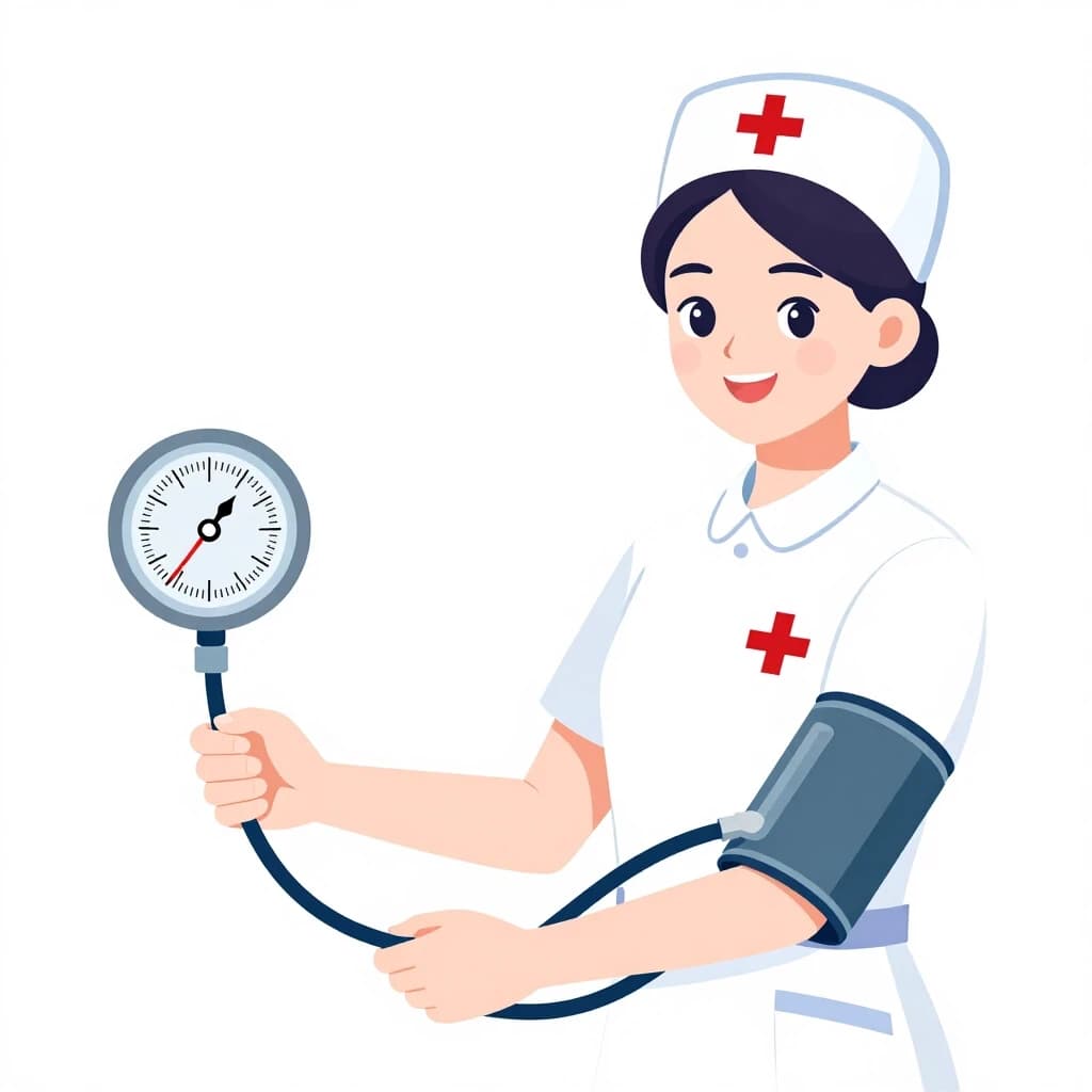 Professional vector graphics on a pristine white background. Nurse smiling, pressure measurement, heart health.