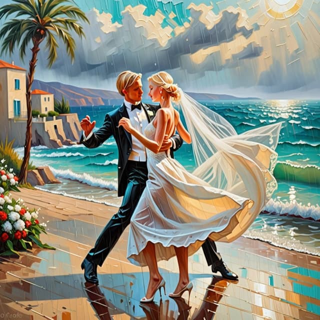A masterpiece. Creating an image. Style - oil painting. ((On the shore of the turquoise sea, against the background of the Mediterranean landscape, a beautiful blonde girl in a wedding dress and a veil and a handsome young man in a tuxedo are dancing in the foreground, holding hands, waltzing under the warm summer rain, the sun is shining:1.6)). High resolution. High detail and clear texture. Close-up. High quality. Increased attention to small details. The aspect ratio is 3:4. The artists are Levitan, Shishkin.