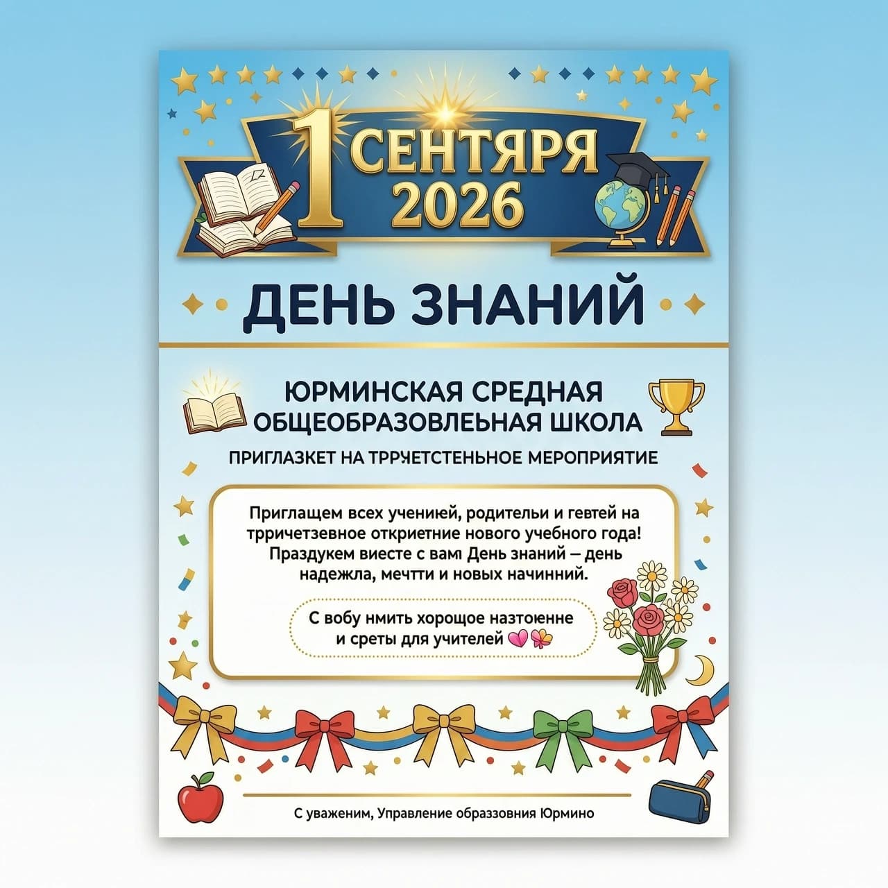 Объявление о школьном празднике 1 сентября 2026 Юрминская средняя общеобразовательная школа приглашает на торжественное мероприятие посвященное Дню Знаний С собой иметь хорошее настроение и цветы для учителей.т