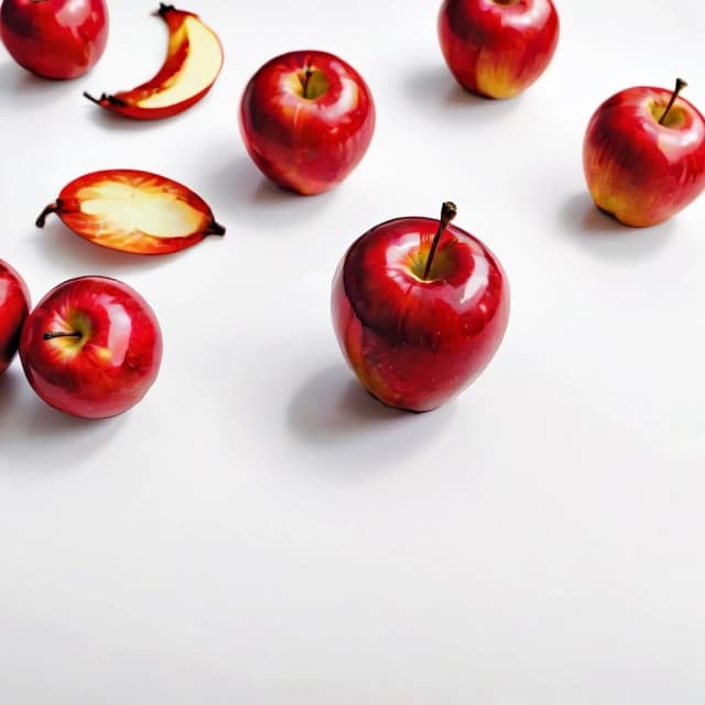 a red apple on a white table