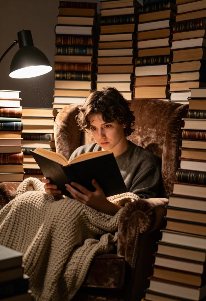 Hyper-realistic close-up shot of a person completely immersed in a book, curled up in a huge, oversized velvet armchair. They are surrounded by towering, unstable stacks of books that form a literal wall around them, creating a cozy sanctuary. Soft, warm light from a nearby floor lamp illuminates the yellowed pages and the intense, focused expression on the reader's face. Detailed textures of old paper, leather bindings, and a knitted wool blanket. Dust motes dancing in a single beam of light. 8k resolution, shallow depth of field, intimate and quiet atmosphere.