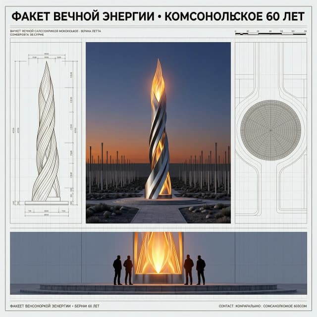 Professional architectural presentation board for a monument competition, single A3 sheet, landscape orientation, clean minimalist layout. Central focal point: a large, hyper-realistic cinematic rendering of a towering, twisting metallic flame monument situated in the heart of a vast industrial gas field at dusk. The monument features a warm, intense LED amber glow emanating from its crown, casting long shadows and reflecting off polished steel surfaces. The sky is a deep twilight gradient of indigo and burnt orange. Left side: a precise architectural front elevation blueprint, technical drawing style, thin black lines on a stark white background with meticulous dimension lines. Right side: a technical top-down site plan of a circular granite plaza surrounding the monument, presented in a clean CAD-style blueprint aesthetic. Bottom section: a detailed macro close-up view of the monument's glowing glass apex, featuring three geologist figures (adults) in silhouette observing the light, emphasizing scale and material texture. The entire composition is organized on a subtle light gray technical grid with fine lines. Typography: Bold, professional sans-serif title at the top reads "ФАКЕЛ ВЕЧНОЙ ЭНЕРГИИ • КОМСОМОЛЬСКОЕ 60 ЛЕТ", accompanied by small, legible Russian technical labels, a graphic scale bar, and a contact info placeholder. High-end architectural visualization, sophisticated composition, 8k resolution, sharp details, photorealistic textures, industrial elegance. --ar 16:9 --v 6