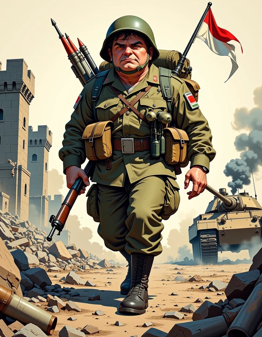 A masterpiece, in the style of the 1980s, with bold lines, dynamic strokes and rich textures, on background with a touch of nostalgia, perhaps with subtle drawings inspired by cellulose and vintage, worn textures similar to paper, oil painting, Hyper-detailed caricature of a determined male soldier with an oversized expressive head and furrowed brow, three-quarter view, low-angle perspective, mid-step marching toward viewer; wearing an olive-green vintage military uniform and helmet with chin strap, strapped with an overloaded backpack containing rockets, mortar rounds, rifle, ammo belts and a small waving tricolor flag; heroic yet humorous pose, exaggerated proportions (large head, compact body, big polished boots). Background: ruined stone castle towers on left, smoking rubble, a tank on the right, scattered shell casings and debris. Style: high-end digital painting with crisp linework, glossy specular highlights, subtle painterly brush textures, realistic fabric and metal scratches, rich vibrant colors, dramatic 3-point lighting, shallow depth of field, cinematic contrast, soft atmospheric smoke. Composition: dynamic motion blur on boots, detailed facial expression, intricate accessory details (pouches, straps, grenades), 35mm wide-angle feel, high resolution, cinematic poster quality. celshading, simple background