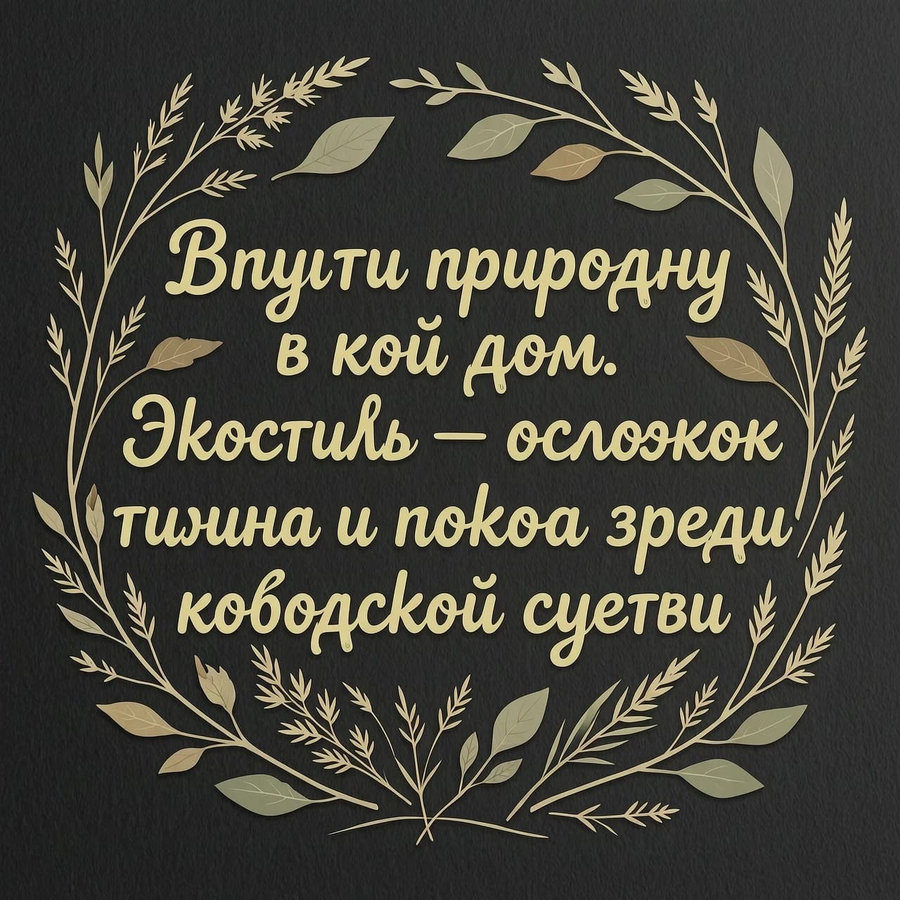 Чёрный фон, слегка текстурированный, будто бумага ручной работы. В центре — рукописный текст: „Впусти природу в свой дом. Экостиль — островок тишины и покоя среди городской суеты“, выполнен в природном оттенке (оливковый, шалфейный, тёплый песочный). Вокруг текста — лёгкие полупрозрачные элементы в экостиле: тонкие веточки, сухие травинки, едва заметные листья, будто они лежат на поверхности. Композиция спокойная, медитативная, без перегрузки деталями, фокус на фразе.