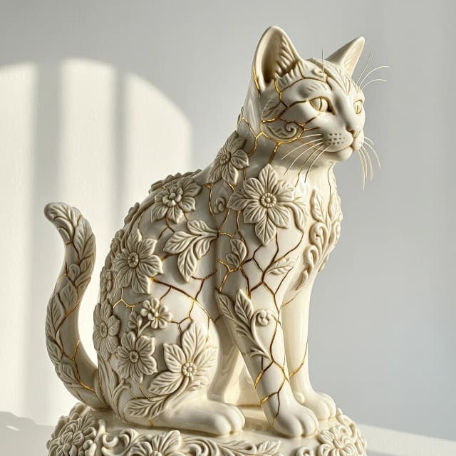 Digital image in Baroque and rocaille style with elements of kintsugi technique. Close-up. (Decorative sculpture made of white porcelain: 1.5). Golden cracks. Volume. The Persian cat. Glossy, porcelain, shiny. The cat's head and body are decorated with gorgeous embossed flowers. (Perfect white porcelain (1.5 ). Exquisite carvings that convey the fur, whiskers and tail of a seated cat. The edges of the leaves and the patterns are decorated with intricate carvings. Thin twigs, delicate flowers and leaves. Lots of fine gold veins. Intricate weaves, swirls, almost psychedelic ornaments. An amazing, mesmerizing sight: the glow. Luminescence. The background is white, with shadows and spectacular lighting. Style: rococo, surrealism, fairy tale, fantasy. Dynamic and expressive. Subtle patterns. Stylization, intricate decorative molding, surrealism, modernism. In the manner of Andrew Jones, Lorenzo Bernini. High quality.
