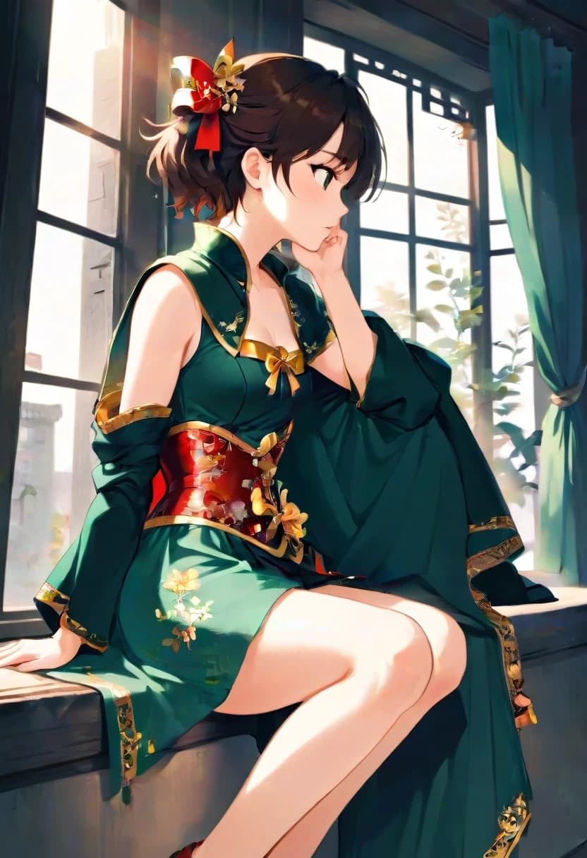 A young adult East Asian-looking woman with short brown hair and fair skin, seated elegantly on a windowsill in profile, body slightly turned, left hand resting on her left knee, right hand hanging naturally beside her thigh, gazing toward the left window. She wears a green cloak over a dark brown corset-style top with gold floral embroidery, a large red bow at the waist, and a long cream-colored skirt with black vine-like lace trim along the hem; her right arm features a metallic bracer and leather gloves, and a brown leather pouch with lacing hangs at her hip. The background is a large wooden-framed multi-pane window revealing lush green foliage outside, with sunlight streaming in from upper-left, casting soft highlights and gentle shadows across her figure. To her left on the sill sits an ornate oval mirror with carved frame; to her right, a small potted plant; foreground vines drape down on both sides, adding depth and natural framing. Medium shot, eye-level to slightly low angle, subject centered-right with ample negative space on the right for environmental context. Art style: Japanese fantasy illustration with visible brushwork and painterly texture, not photorealistic—digital painting with watercolor-like bleed and soft edges. Color palette dominated by emerald green, cream, earthy brown, with warm yellow highlights and cool green-gray shadows. Likely generation intent: faithfully reconstruct the 'Emerald Herald' character from Dark Souls II in a serene indoor setting, emphasizing costume accuracy, mood, and visual storytelling.