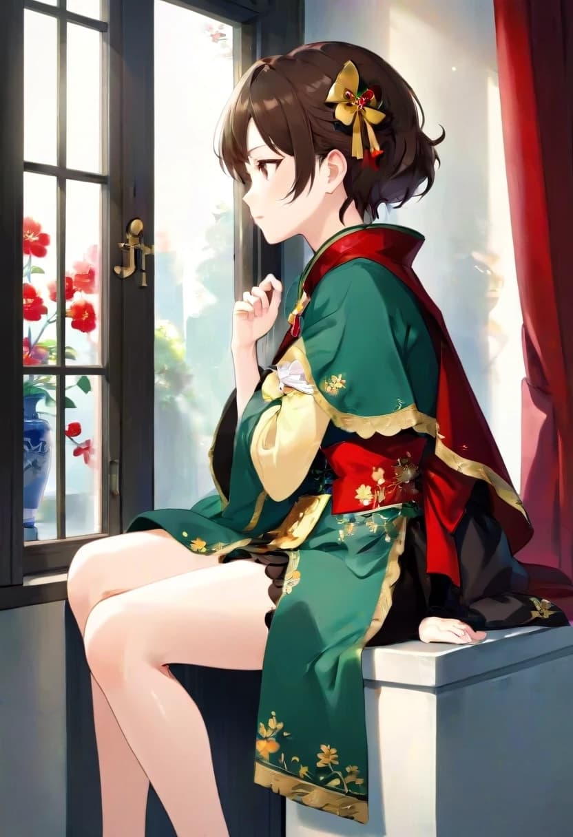 A young adult East Asian-looking woman with short brown hair and fair skin, seated elegantly on a windowsill in profile, body slightly turned, left hand resting on her left knee, right hand hanging naturally beside her thigh, gazing toward the left window. She wears a green cloak over a dark brown corset-style top with gold floral embroidery, a large red bow at the waist, and a long cream-colored skirt with black vine-like lace trim along the hem; her right arm features a metallic bracer and leather gloves, and a brown leather pouch with lacing hangs at her hip. The background is a large wooden-framed multi-pane window revealing lush green foliage outside, with sunlight streaming in from upper-left, casting soft highlights and gentle shadows across her figure. To her left on the sill sits an ornate oval mirror with carved frame; to her right, a small potted plant; foreground vines drape down on both sides, adding depth and natural framing. Medium shot, eye-level to slightly low angle, subject centered-right with ample negative space on the right for environmental context. Art style: Japanese fantasy illustration with visible brushwork and painterly texture, not photorealistic—digital painting with watercolor-like bleed and soft edges. Color palette dominated by emerald green, cream, earthy brown, with warm yellow highlights and cool green-gray shadows. Likely generation intent: faithfully reconstruct the 'Emerald Herald' character from Dark Souls II in a serene indoor setting, emphasizing costume accuracy, mood, and visual storytelling.
