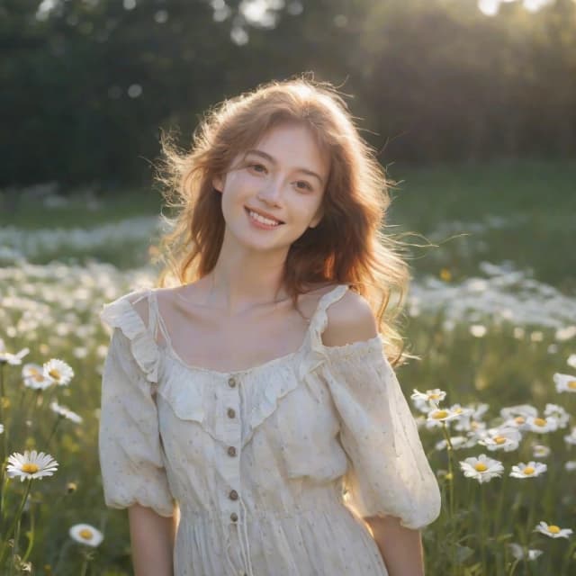 A radiant young woman standing waist-up in a sun-drenched meadow of white daisies, smiling softly as warm golden hour sunlight illuminates her freckled skin and windswept light brown hair, wearing an off-the-shoulder billowy white peasant dress with delicate ruffles, three-quarter portrait, slight upward gaze, natural relaxed expression, painterly oil painting aesthetic with visible brushstrokes and soft impasto highlights, rich warm color palette of golds, greens and soft blues, luminous skin tones with rosy cheeks, shallow depth of field with soft bokeh wildflowers in foreground and background, dramatic cumulus clouds on the horizon, gentle breeze movement in hair and fabric, cinematic soft rim lighting, romantic dreamy atmosphere, highly detailed face and textures, subtle film grain and canvas texture for authentic traditional oil painting feel, balanced composition and harmonious lighting.