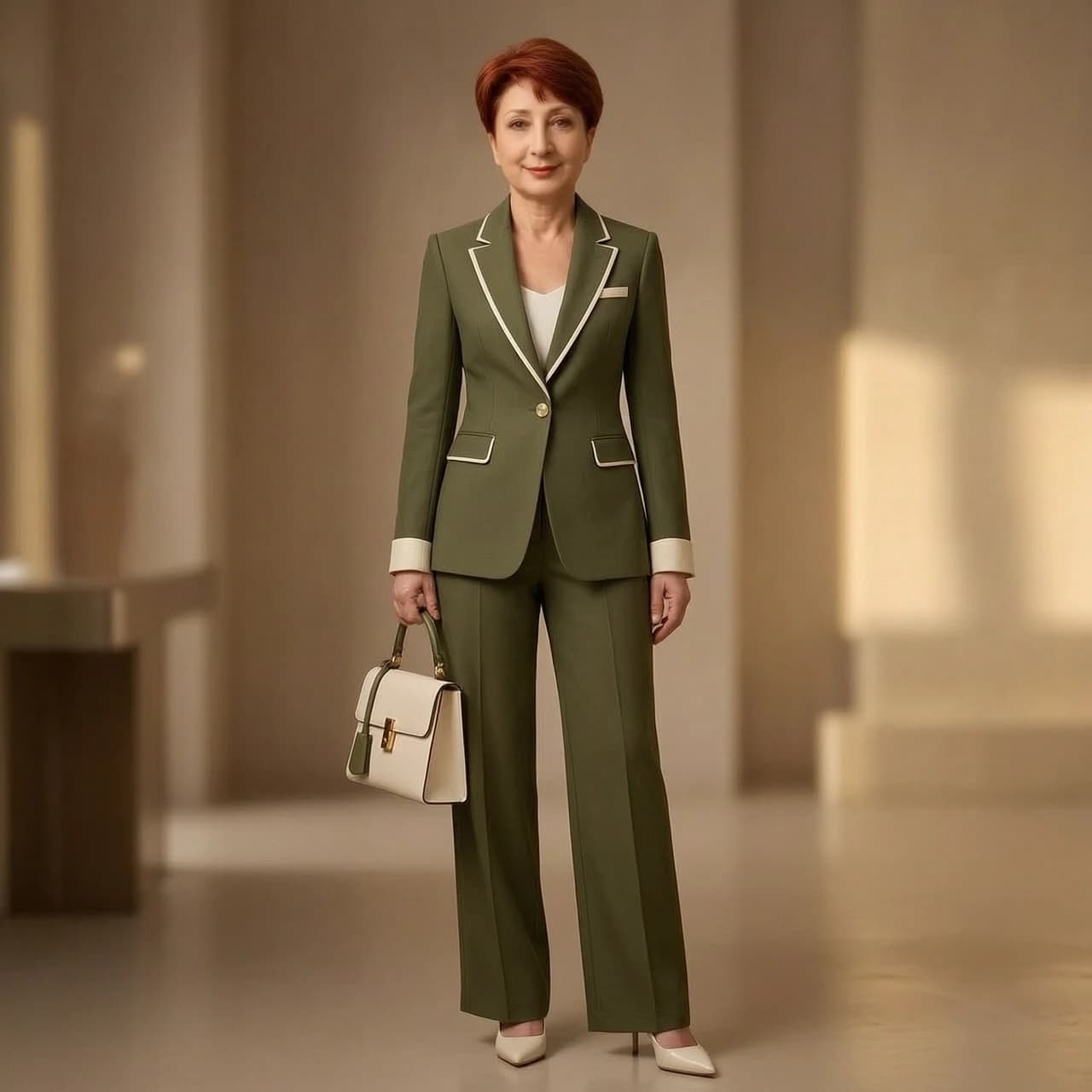 Photorealistic portrait of the same woman, maintaining her exact facial features, ethnicity, age, and hair texture, now wearing the specific outfit from the reference image. The clothing should fit her perfectly, showcasing intricate fabric textures like silk, lace, or heavy wool, with high-fidelity details of stitching and patterns. Cinematic lighting with soft rim light to define her silhouette and subtle volumetric shadows to create depth. Composition is a medium shot, focusing on the elegance of the attire and her natural pose. The background is a tastefully blurred, high-end interior or a soft atmospheric studio setting to ensure all focus remains on the subject. High fashion photography style, 8k resolution, shot on 85mm lens, sharp focus, hyper-realistic skin textures, elegant and sophisticated mood.
