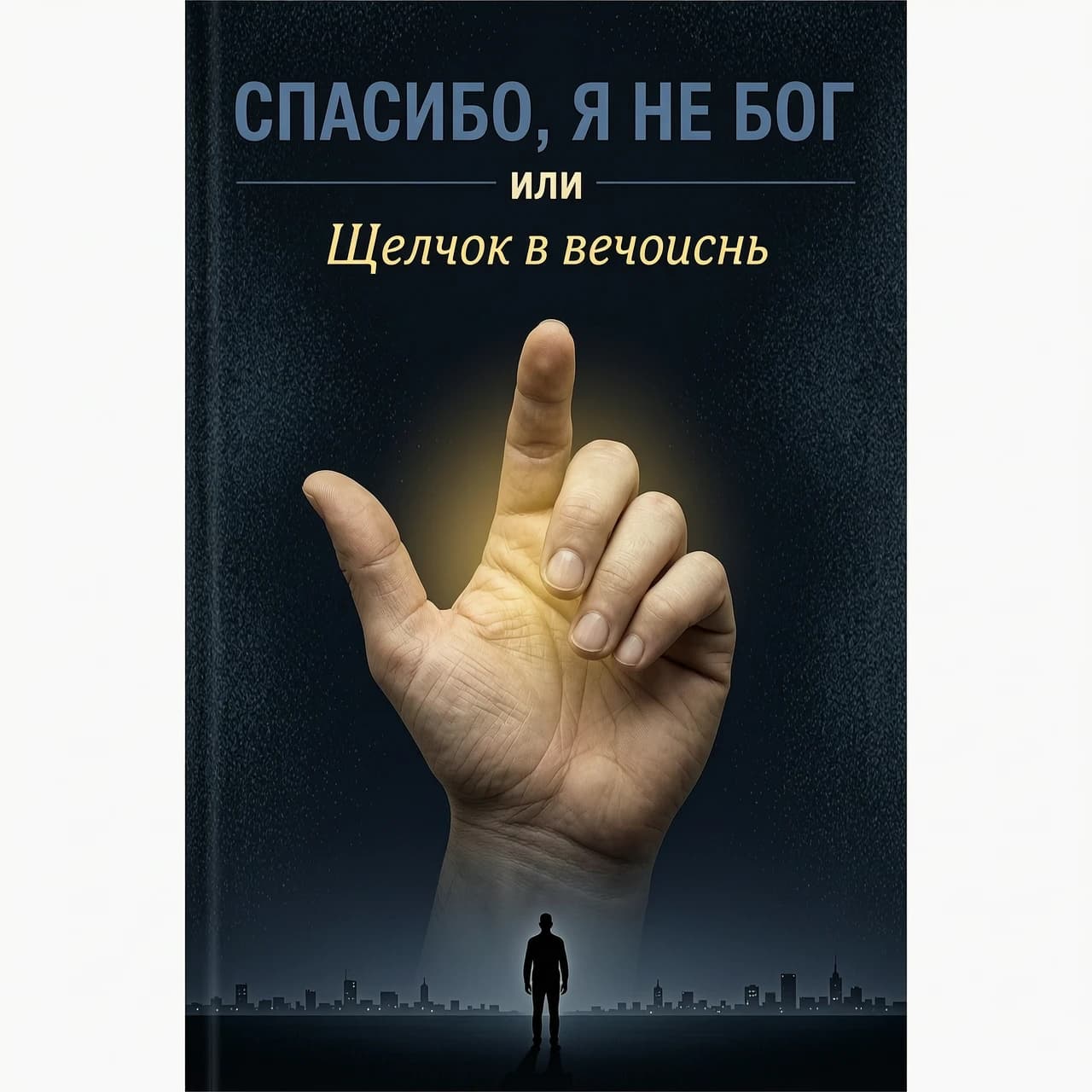создай обложку книги Фон: Тёмно-синий, почти чёрный, с лёгкой текстурой, напоминающей песок или пыль.
Центр: Крупным планом, вид от первого лица - ладонь направлена от нас — мужская рука, пальцы которой готовы к щелчку пальцами - большой и средний пальцы соединены, безымянный и мизинец прижаты к ладони, указательный смотрит в сторону от нас,. Вокруг них — мягкое золотистое свечение, как будто внутри руки зажглась искра.
Верхняя часть (крупно):
СПАСИБО, Я НЕ БОГ
Чуть ниже (мелко): или
Внизу (курсивом, чуть крупнее «или»): Щелчок в вечность
Под текстом: Едва заметный силуэт одинокого человека на фоне бесконечного горизонта и ночного города
Цветовая гамма: Чёрный, тёмно-синий, золотой. Минимализм, строгость, атмосфера одиночества.