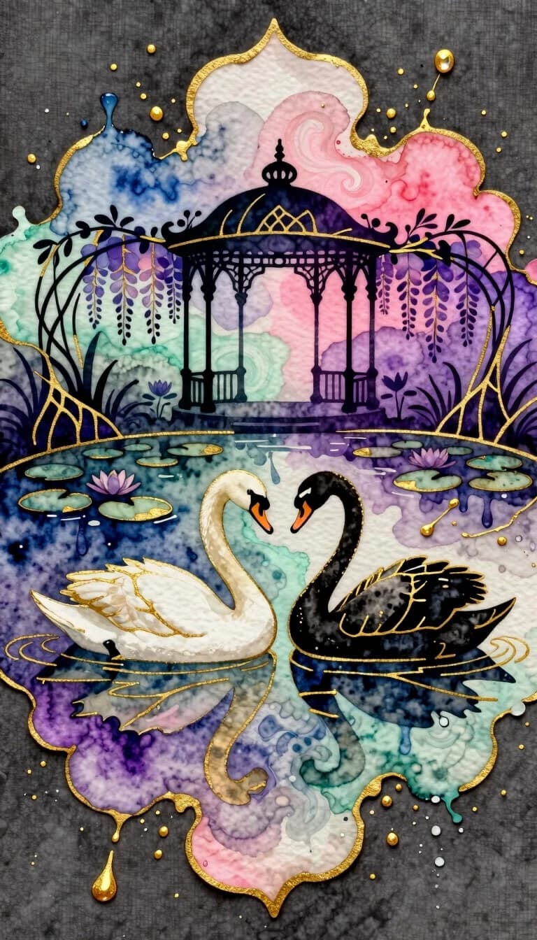 Soft watercolor with lots of splashes on a deep gray background. An abstract solution. Watercolor painting in the style of Agnes Cecile with streaks, splashes and drops of paint in the style of impressionism. A pair of swans with elegantly curved necks: a white swan and a black swan. Silhouette solution: pond with water lilies, swans in the pond, elegant gazebo surrounded by wisteria. Gradient transitions (blue, pink, purple, mint) are made using the technique of "wet" coloring. Everything is decorated with intricate kintsugi veins, made in the form of three-dimensional lines in embossed gold paste. Swirling fractal clouds of pastel watercolor paints. Radiance around the edges and deep picturesque shadows. Splashes of color around the edges. Drops and splashes. Art Nouveau, Art Deco style. Psychedelic, abstract artistic energy. Highly detailed macrotexture of gold, reflective metallic texture of golden contours, intense luster. Thin, graceful cracks of golden kintsuga decorate the dark space of the negative, creating an airy decorative web. Linen background with a dense, well-defined texture of watercolor paper. Cinematic lighting, sophisticated, dreamy, high-contrast gold on a background of delicate colors. Aesthetics of creativity and classics, high detail, gallery-quality finishes.