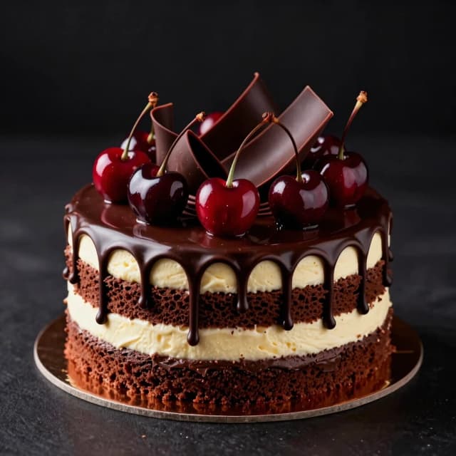 Create a square, photorealistic premium food photograph of a luxurious “Chocolate Cherry” cake on a sophisticated deep black background.
The cake is the main and only focal point, shown in a beautiful close-up, centered in the composition. It should look elegant, handcrafted, rich, and exceptionally appetizing. The cake has distinct layers of light cream and rich chocolate sponge, covered with a glossy dark chocolate glaze with beautiful natural chocolate drips running down the sides.
Decorate the top with glossy dark-red cherries, rich chocolate curls and shavings, with a few delicate chocolate decorations. The combination of deep chocolate brown, creamy ivory, and dark cherry red should create a luxurious, sophisticated color palette.
Use dramatic but elegant studio lighting: soft warm highlights on the chocolate and cherries, subtle reflections on the glaze, deep natural shadows, and realistic texture. Premium professional food photography, shallow depth of field, cinematic lighting, highly detailed, photorealistic, luxurious confectionery advertising aesthetic.
Square composition, centered cake, no text, no logo, no frame, no border, no people, no additional objects, no distracting background elements.