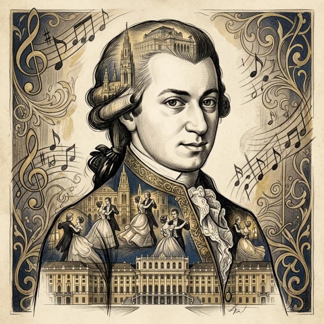 Pencil drawing, clear, elegant strokes applied with ink. Double exposure. (Background): Views of Vienna in the art-design style: the Imperial Palace of Hofburg, the Palace of Schönbrunn, the Vienna Opera, and an elegant ornamentation of notes and musical symbols applied using the double exposure effect to the image of Mozart in an elegant concert suit. Views of Vienna and couples dancing the Viennese waltz fill Mozart's silhouette. Stylization with elements of European culture. Complex decorative elements in the neoclassical and Renaissance styles. Shades of golden black, beige, dark blue, and gold. (Style):art design, fantasy, city, close-up, city, sepia, double exposure, portrait, summer evening, the light of the evening lanterns softly illuminates the theater building (Neo-Renaissance, Renaissance, Neoclassicism1.5 architecture), high quality.