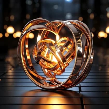 Dynamic morphing 4 sec from a metallic heart made of intertwined rings on a reflective surface image 1 to a massive 3D number “6” in the air image 2 ;
Objects seamlessly transition into one another through sparkling particles of light and highlights - the transformation is accompanied by shimmering gold, sparks, and shimmering lights.
The camera performs a circular pan around the object to emphasize its volume.
At the moment of transformation, a small flame flickers inside the mechanism.