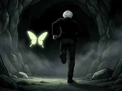 Use the uploaded image as a precise visual reference for the character, moth, cave, lighting, color palette, and overall art style. Do not modify the character or environment.
A 5-second continuous cinematic animation. The young man in the reference image runs forward through a dark cave, wearing the same black clothing and maintaining the exact same appearance and proportions. A glowing, bright yellow-green moth with a glow effect flies next to him, similar to the moth in the reference image.
0-2 seconds: The man runs quickly through a foggy cave, the moth flies next to him and slightly ahead. His coat and hair move naturally with his run. The camera moves smoothly next to and slightly behind him.
2-3.5 seconds: They reach a deeper part of the cave and slow down. The man looks ahead and sees a mysterious green glow emanating from the depths.
3.5–5 seconds: The green light quickly intensifies and spreads out from the cave, illuminating the man, the moth, the rocks, and the fog. The glow becomes stunningly bright, until in the final frame, the entire screen is filled with glowing green light.
Smooth animation, cinematic camera movement, atmospheric fog, subtle motion blur, dramatic, magical atmosphere, consistent character design, consistent moth design, no cuts, no additional characters, no text, no changes in art style.